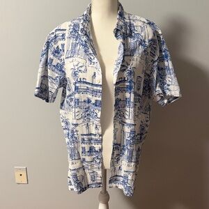 Men's Casual Button Down Shirt with town scape design- size M